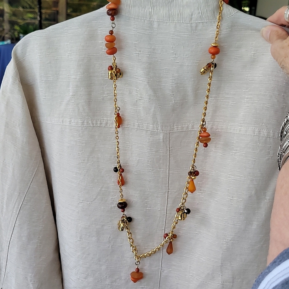 33" Necklace with Tiny Elephants and Frosted Beads. Sunset Colors. Light Weight.